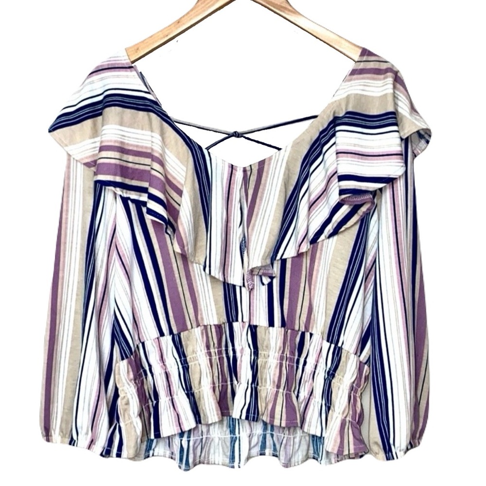 Crave Fame by Almost Famous Ruffle‎ Boho Striped Crop Top Blouse Women's Large